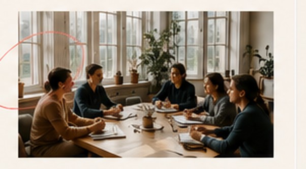 Équipe en réunion de travail autour d'une table lumineuse