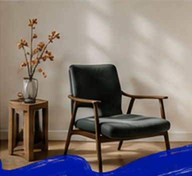 Fauteuil en velours dans une pièce chaleureuse, plante et lumière douce